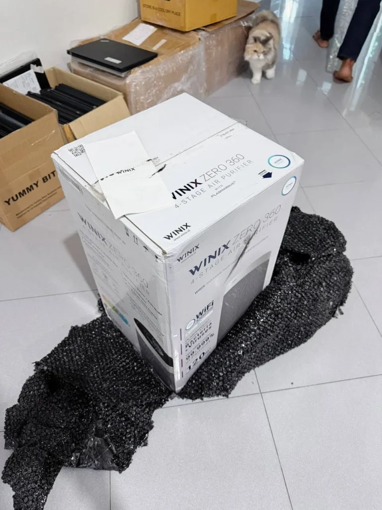 view of our own purchase testing winix zero+ 360 smart air purifier for pet hair australia unboxing package arrival several weeks to months